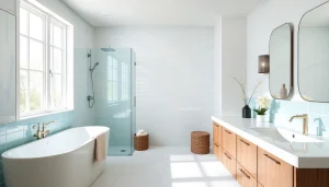 Expert bathroom fitters Swinton creating a beautifully renovated space with modern fixtures and stylish tiles.