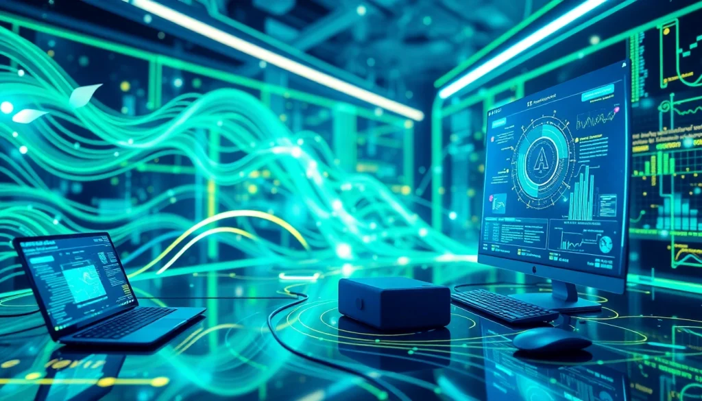 Enhance your digital strategy with AI search technologies featuring flowing data streams and vibrant interfaces.