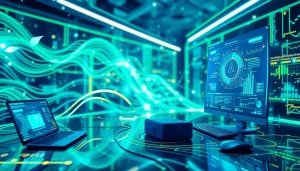 Enhance your digital strategy with AI search technologies featuring flowing data streams and vibrant interfaces.