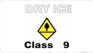 Apply a prominent dry ice label highlighting its Class 9 hazard designation for safe shipping.
