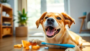 Engaging scene of the best dog teeth cleaning products in use, featuring a happy dog enjoying dental care.
