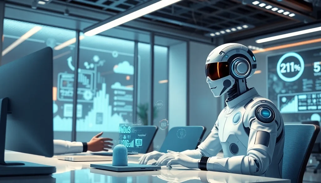 AI marketing agents transforming tasks in a high-tech office with advanced analytics.