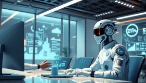 AI marketing agents transforming tasks in a high-tech office with advanced analytics.