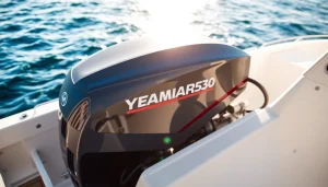 Highlighting the powerful YANMAR 6LF530 INBOARD DIESEL ENGINE SALE! with a stunning yacht backdrop.