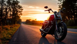 Harley Davidson-Motorrad auf einer Landstraße erleben, glänzendes Chrom und energische Linien betonen die Kraft der Maschine.