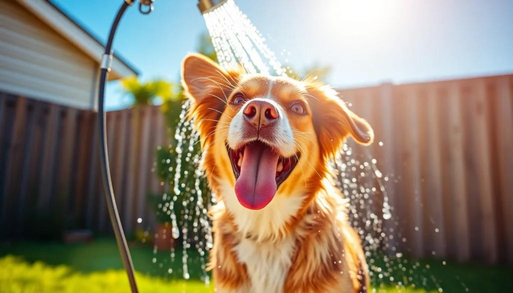Dog enjoying a bath with an adjustable pet shower, showcasing fun water spray features.