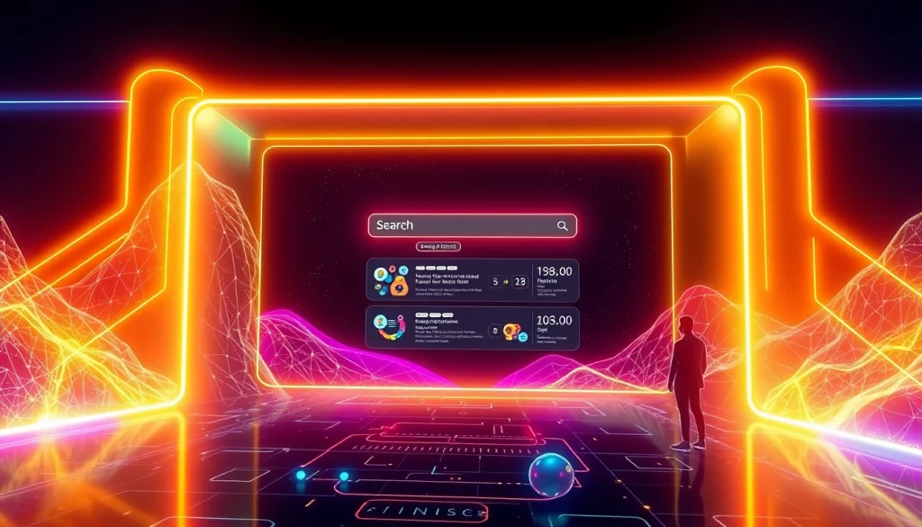 Interact with an advanced AI search engine interface, showcasing innovative search results and futuristic design.