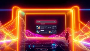 Interact with an advanced AI search engine interface, showcasing innovative search results and futuristic design.