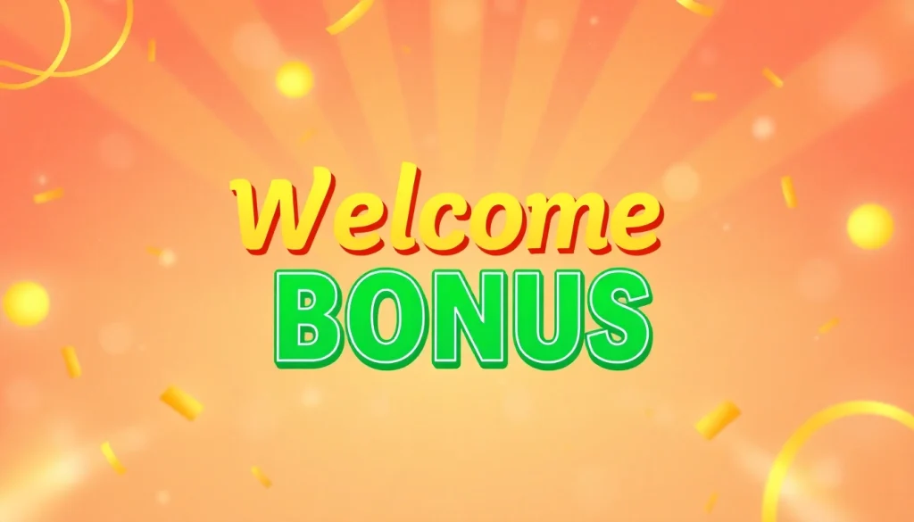 Claim an exciting welcome bonus with vibrant visuals of gold and green confetti.