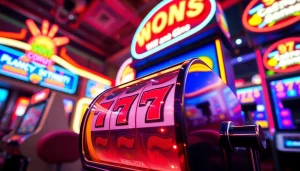 Permainan slot demo seru dengan simbol berwarna-warni dan mesin permainan yang menyenangkan.