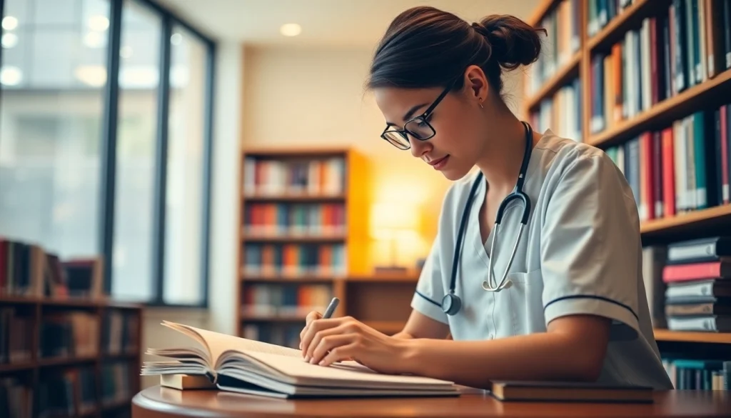 Nursing Homework study session in a library, showcasing a focused student surrounded by reference materials.