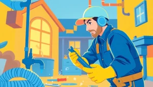 Emergency plumber fixing a burst pipe with tools in hand, showcasing expert skills in a tense situation.