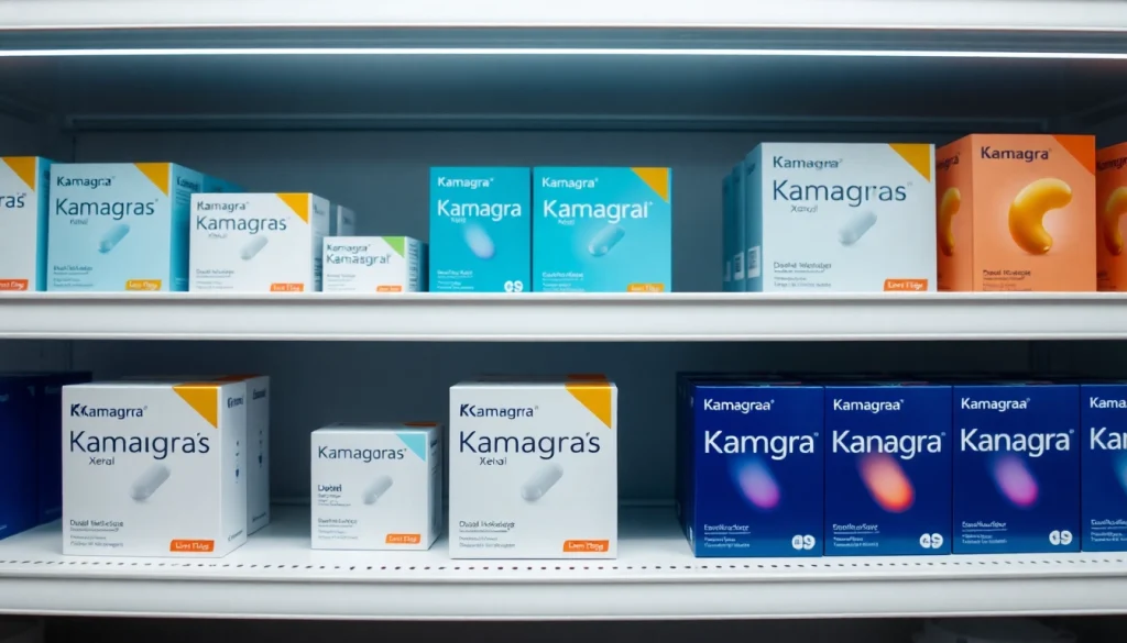 Order Kamagra efficiently with a selection of original Kamagra products showcased on a pharmacy shelf.