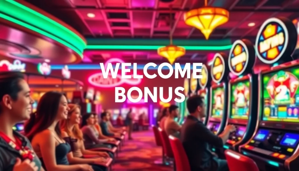 Claim exciting welcome bonus offers with players enjoying a lively casino environment.