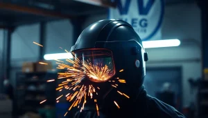 Experience the precision of Speedglas welding helmets featuring advanced auto-darkening technology during a welding task.