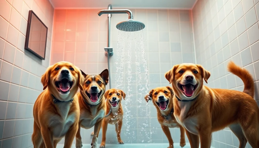 Using the adjustable pet shower to bathe a happy dog in a bright, vibrant bathroom environment, highlighting splashes and joy.