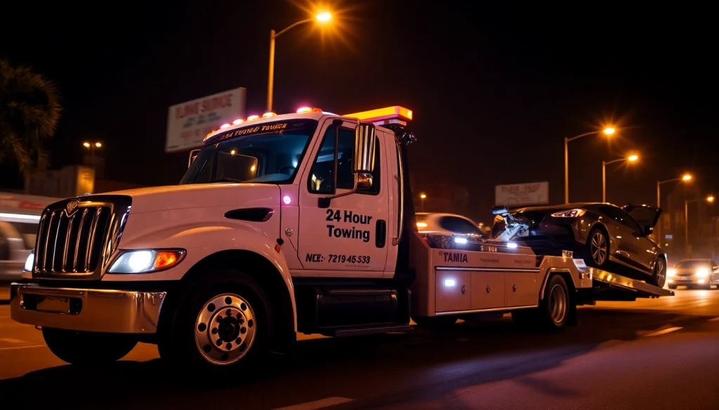 24-hour towing Tampa service in action with a tow truck working on a roadside at night.