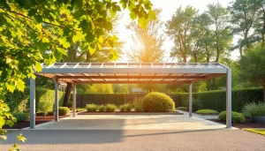 Carport Metall in einem herrlichen Garten, sorgt für optimalen Schutz und wirkt modern und elegant.