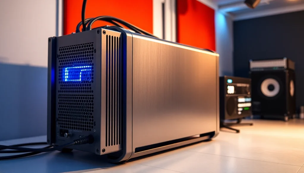 Power Supply Manufacturer showcasing a high-tech unit with sleek design and glowing blue LEDs.