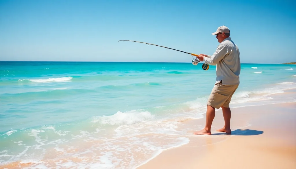 Angler casting a line in saltwater fly fishing at a tropical beach setting.