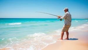 Angler casting a line in saltwater fly fishing at a tropical beach setting.