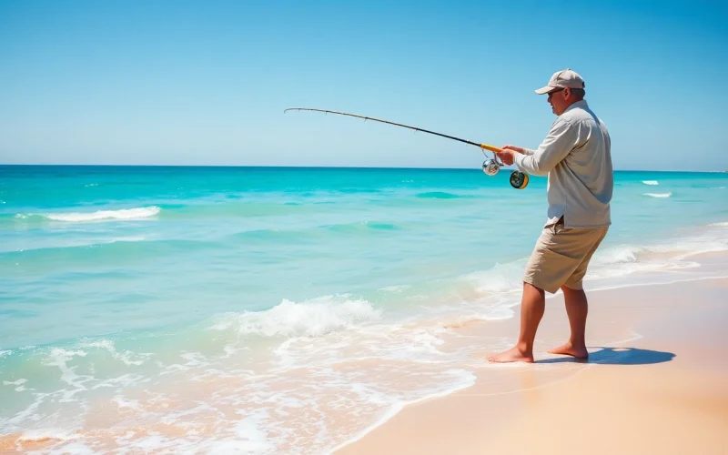 Angler casting a line in saltwater fly fishing at a tropical beach setting.