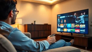 Engaged user analyzing options during a 24h IPTV test in a cozy living room setting.
