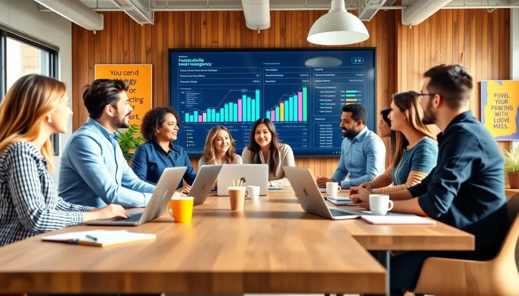 Engaging social media agency team collaborating in a vibrant office environment.