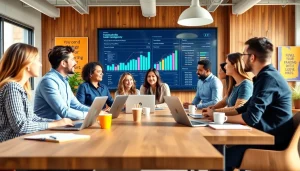 Engaging social media agency team collaborating in a vibrant office environment.