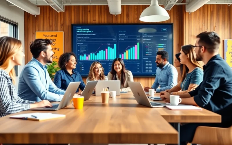 Engaging social media agency team collaborating in a vibrant office environment.