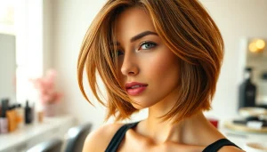 Explore haircuts for fine hair showcasing a stylish bob and vibrant texture in a bright salon.
