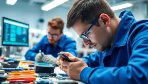 Torino riparazione cellulari: tecnici professionisti al lavoro in un'accogliente officina moderna.