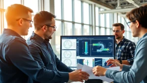 Pipe stress Company engineers collaborating on advanced analysis software in a modern setting.