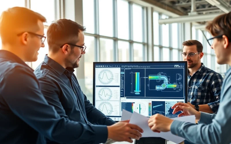 Pipe stress Company engineers collaborating on advanced analysis software in a modern setting.