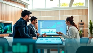 Focus on AI strategy session with diverse professionals analyzing data charts in a modern workspace.