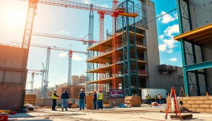 Austin construction site featuring collaboration among workers with cranes in the background.