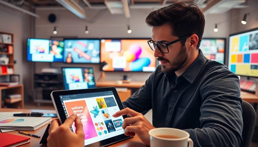 Create vibrant designs with AI design solutions in a modern studio environment.