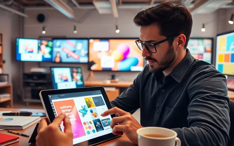 Create vibrant designs with AI design solutions in a modern studio environment.