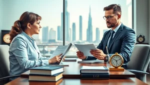 Legal advisor guiding a client through trademark registration in Dubai, highlighting crucial documents.