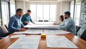 Contractors from the southern california contractors association collaborating on project plans in a modern office.