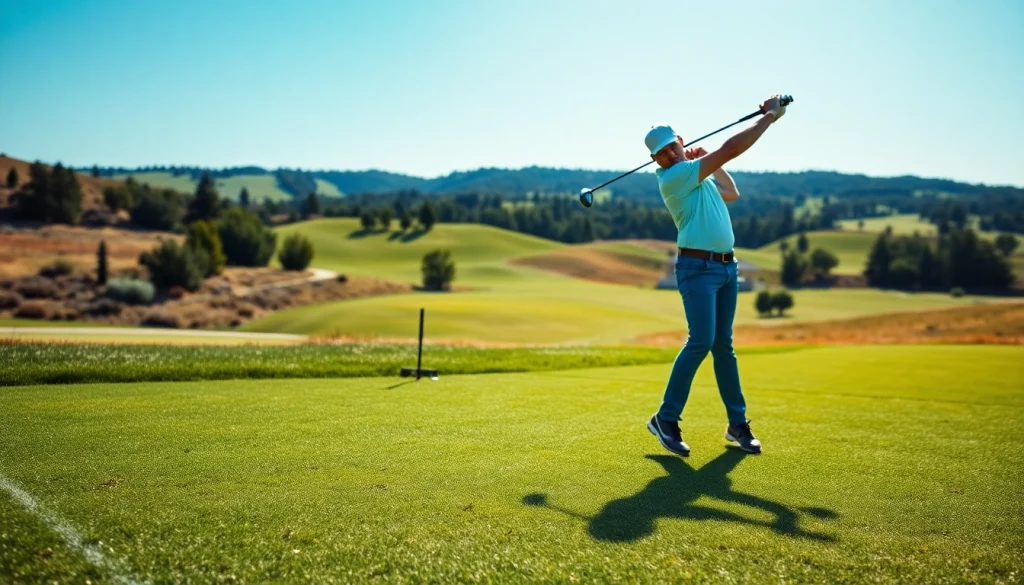 Practicing golf swing training aid with a golfer on a sunlit driving range.