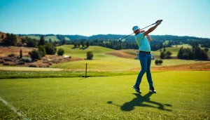 Practicing golf swing training aid with a golfer on a sunlit driving range.