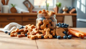 Showcasing various Grain-Free Dog Treats in a rustic setting with fresh fruits.