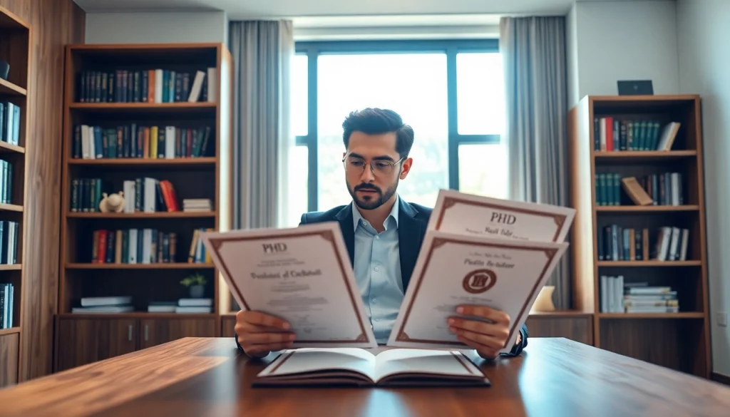 Individuals considering where to buy PhD degree examine diplomas in a professional office.