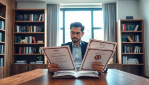 Individuals considering where to buy PhD degree examine diplomas in a professional office.