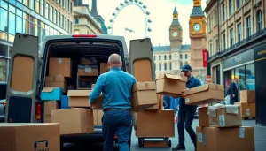Moving services London showcased by professional movers packing furniture in a lively urban setting.