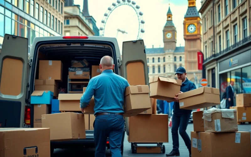 Moving services London showcased by professional movers packing furniture in a lively urban setting.