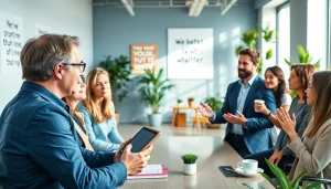 Empowered individuals engaging in a business coaching service session for collaborative growth.