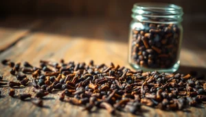 Cloves sprinkled around a rustic wooden table with a jar of ground cloves, showcasing their aromatic beauty.
