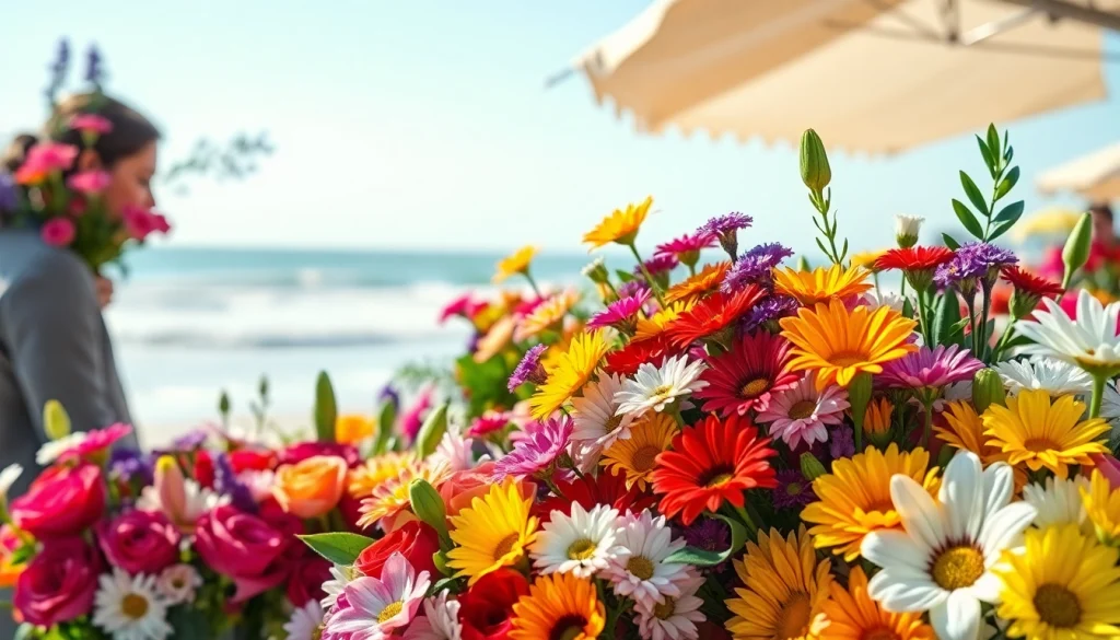 Huntington Beach florist creating vibrant floral arrangements with fresh, colorful flowers.